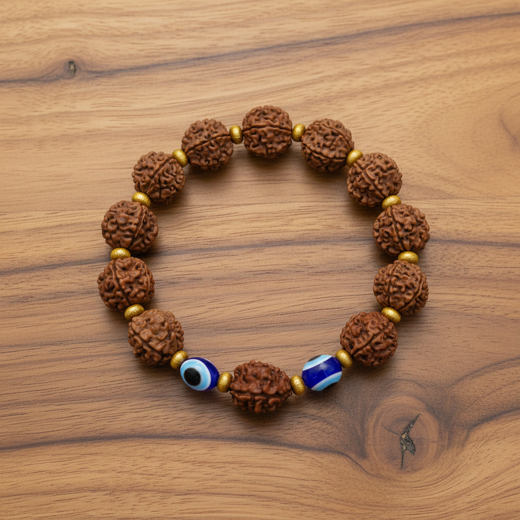 3 Mukhi & 5 Mukhi Rudraksha with Evil Eye Bracelet | Handmade Natural Protection Bracelet
