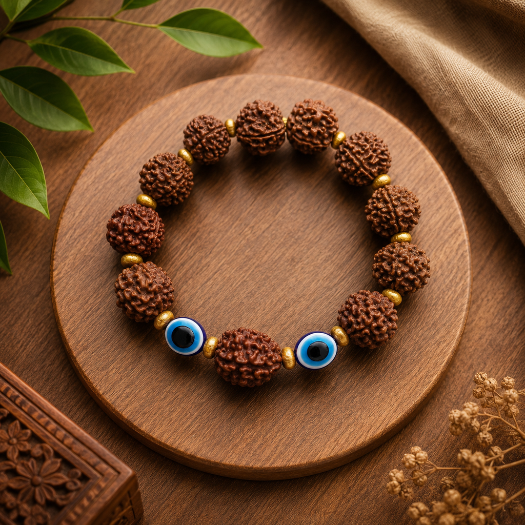3 Mukhi & 5 Mukhi Rudraksha with Evil Eye Bracelet | Handmade Natural Protection Bracelet