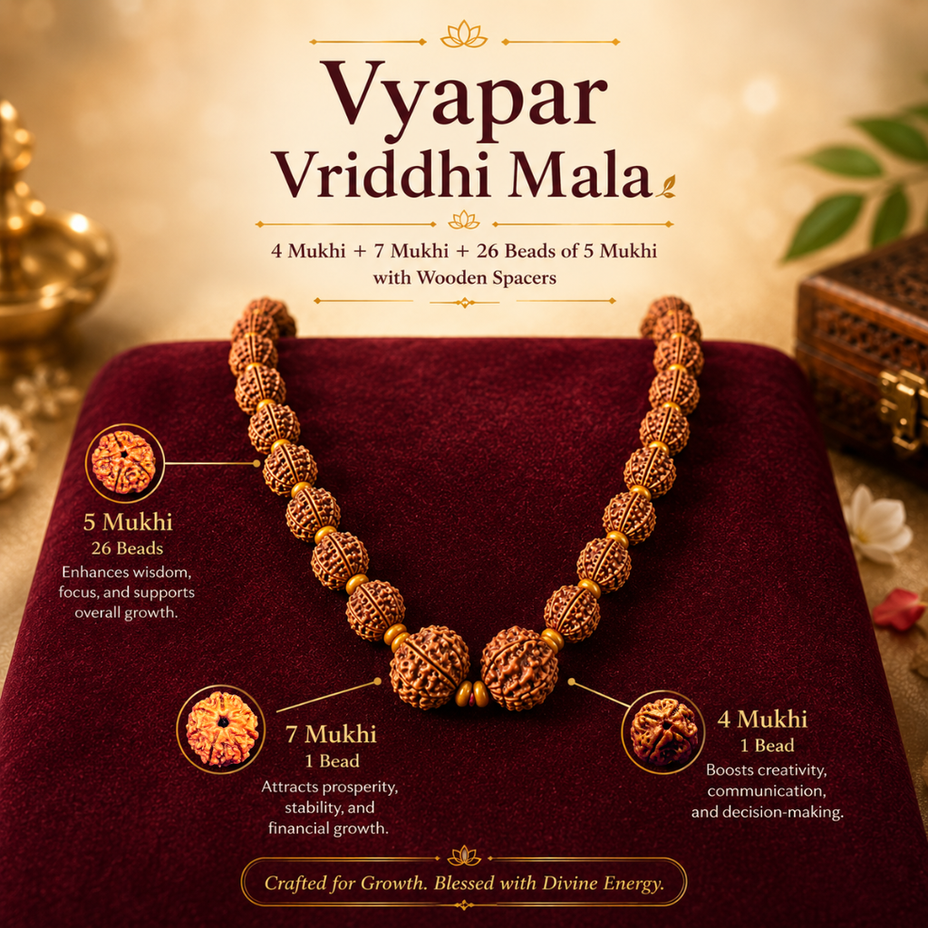 Premium handcrafted Vyapar Vriddhi Rudraksha Mala for wisdom, prosperity and balanced