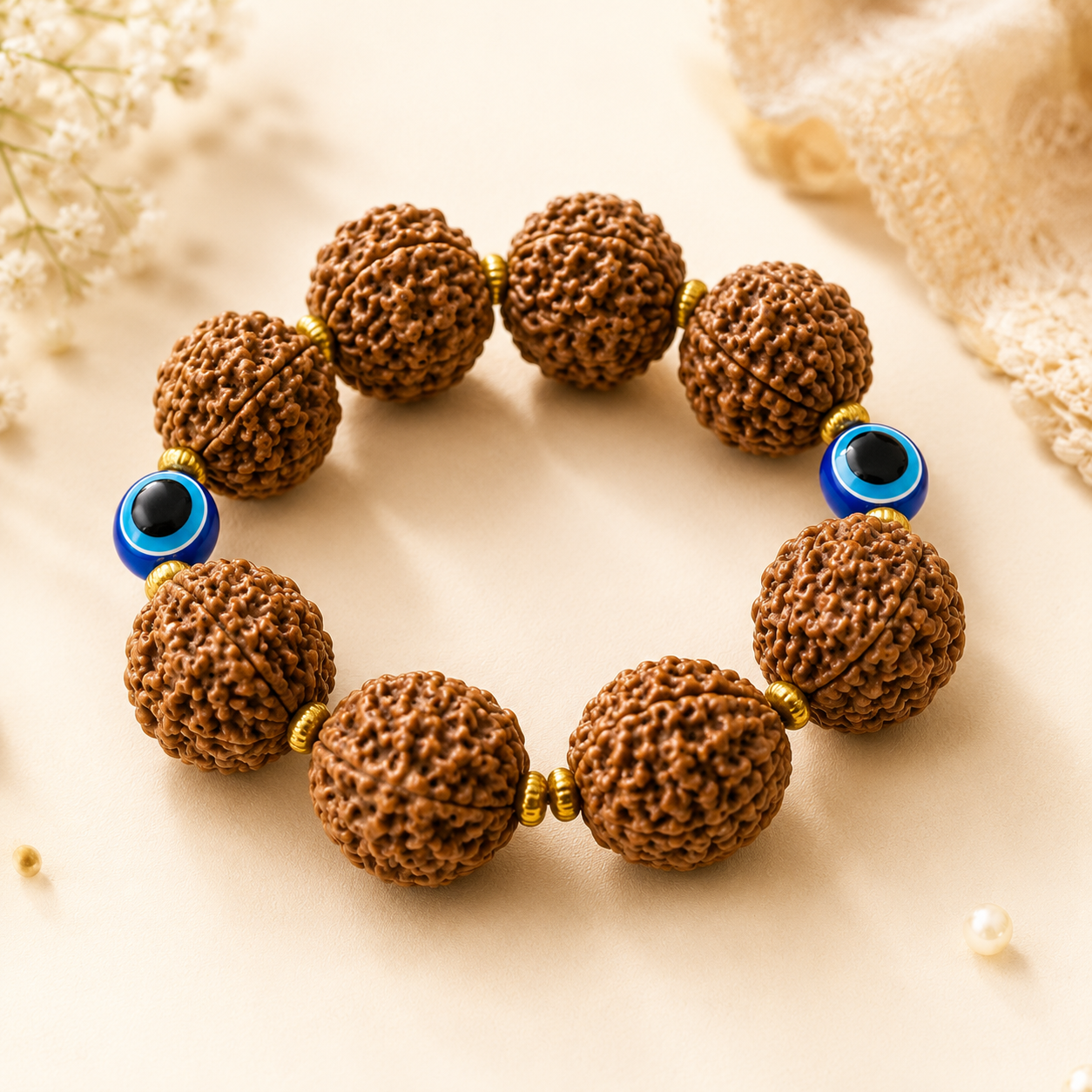 5 Mukhi Nepali Rudraksha 20 mm Evil Eye Bracelet by Cosmic Urjaa