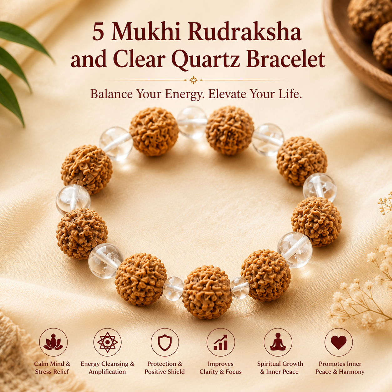 A beaded bracelet featuring brown textured Rudraksha seeds and clear quartz beads, arranged in a circle on a beige fabric background with promotional text and icons at the bottom.
