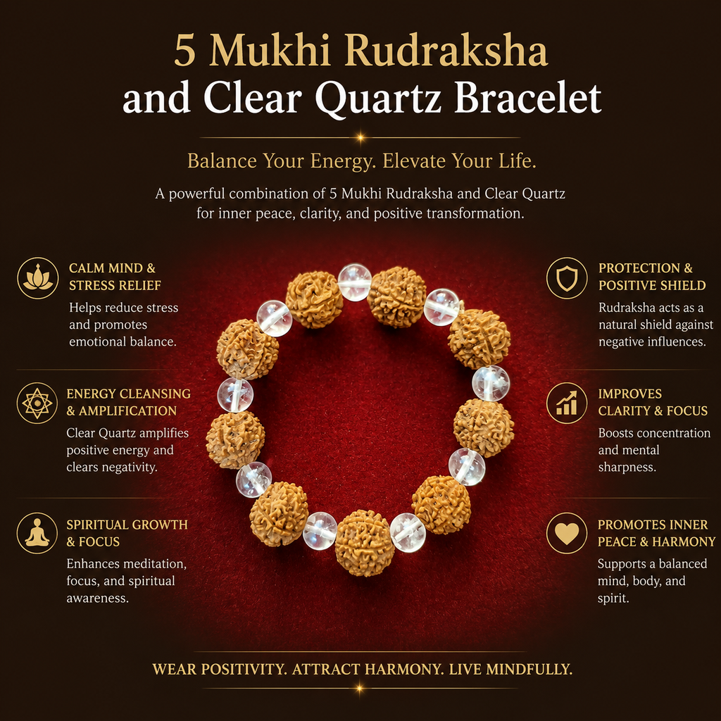 5 mukhi rudraksha clear quartz bracelet