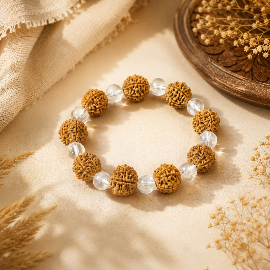 Manobal 6 Mukhi Rudraksha and Clear Quartz Bracelet