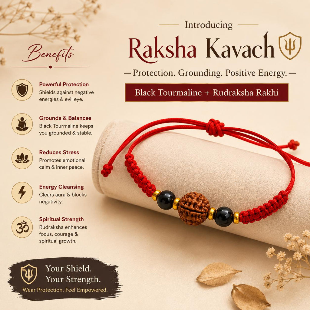 Raksha Kavach Rakhi | AAA Black Tourmaline & Original Nepali Rudraksha Handmade Rakhi | Protection, Grounding & Positive Energy
