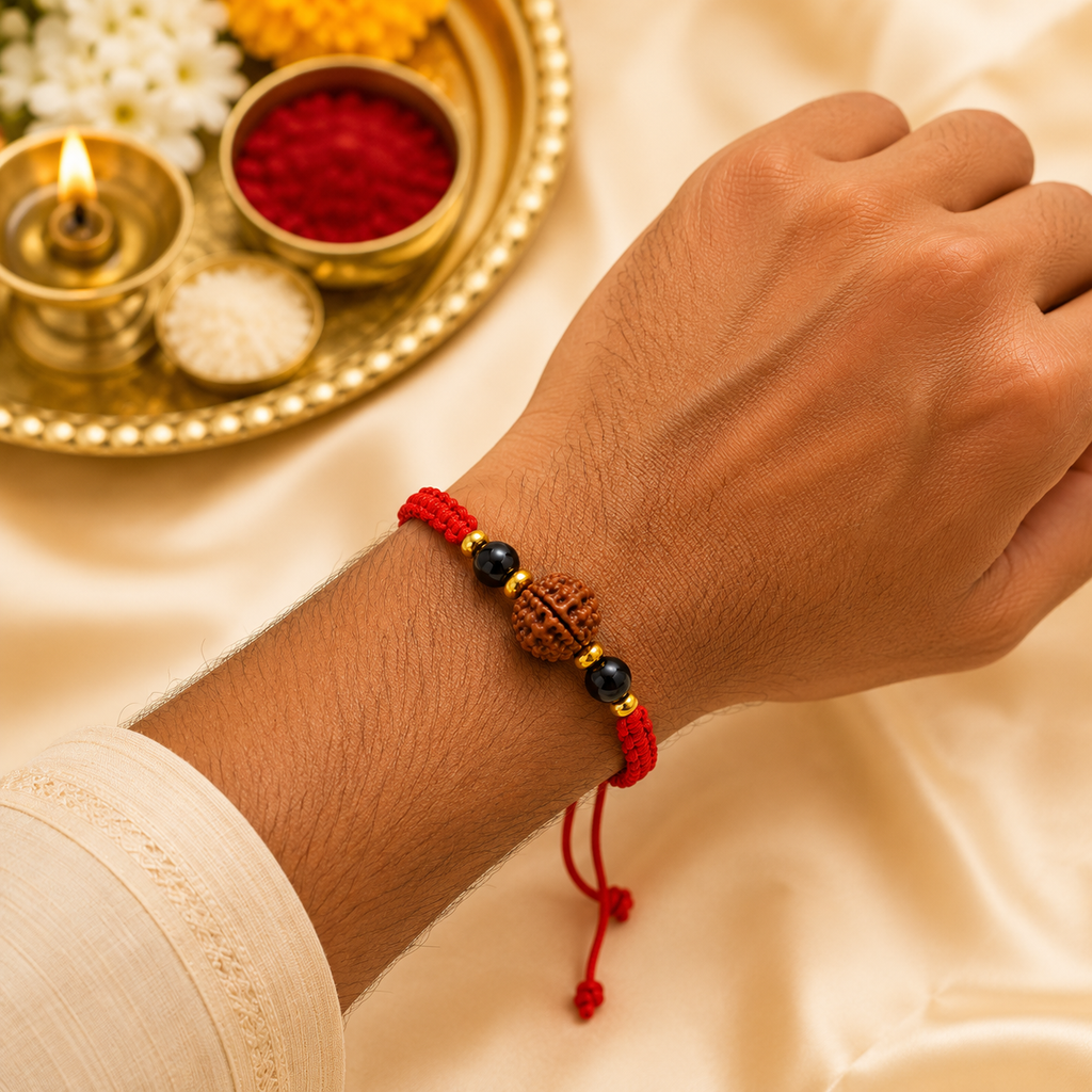 Raksha Kavach Rakhi | AAA Black Tourmaline & Original Nepali Rudraksha Handmade Rakhi | Protection, Grounding & Positive Energy