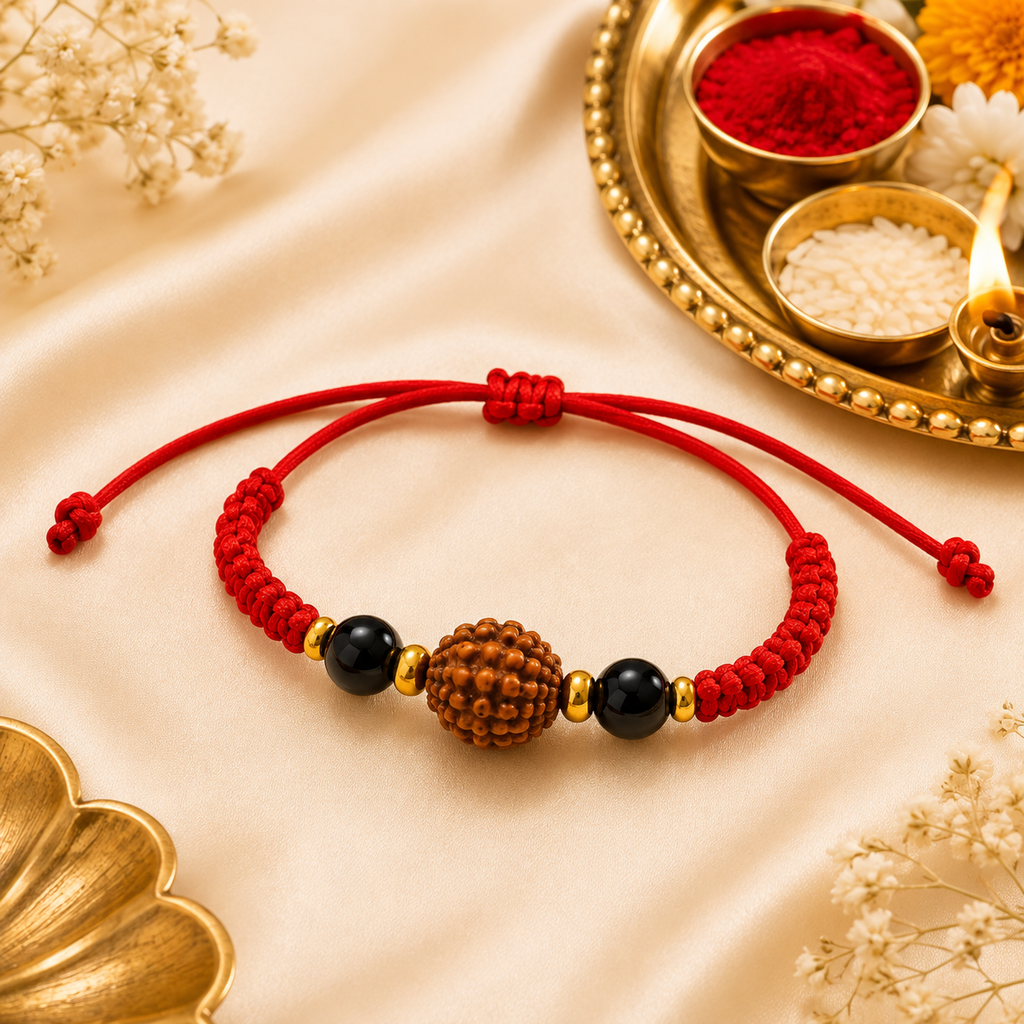 Raksha Kavach Rakhi | AAA Black Tourmaline & Original Nepali Rudraksha Handmade Rakhi | Protection, Grounding & Positive Energy