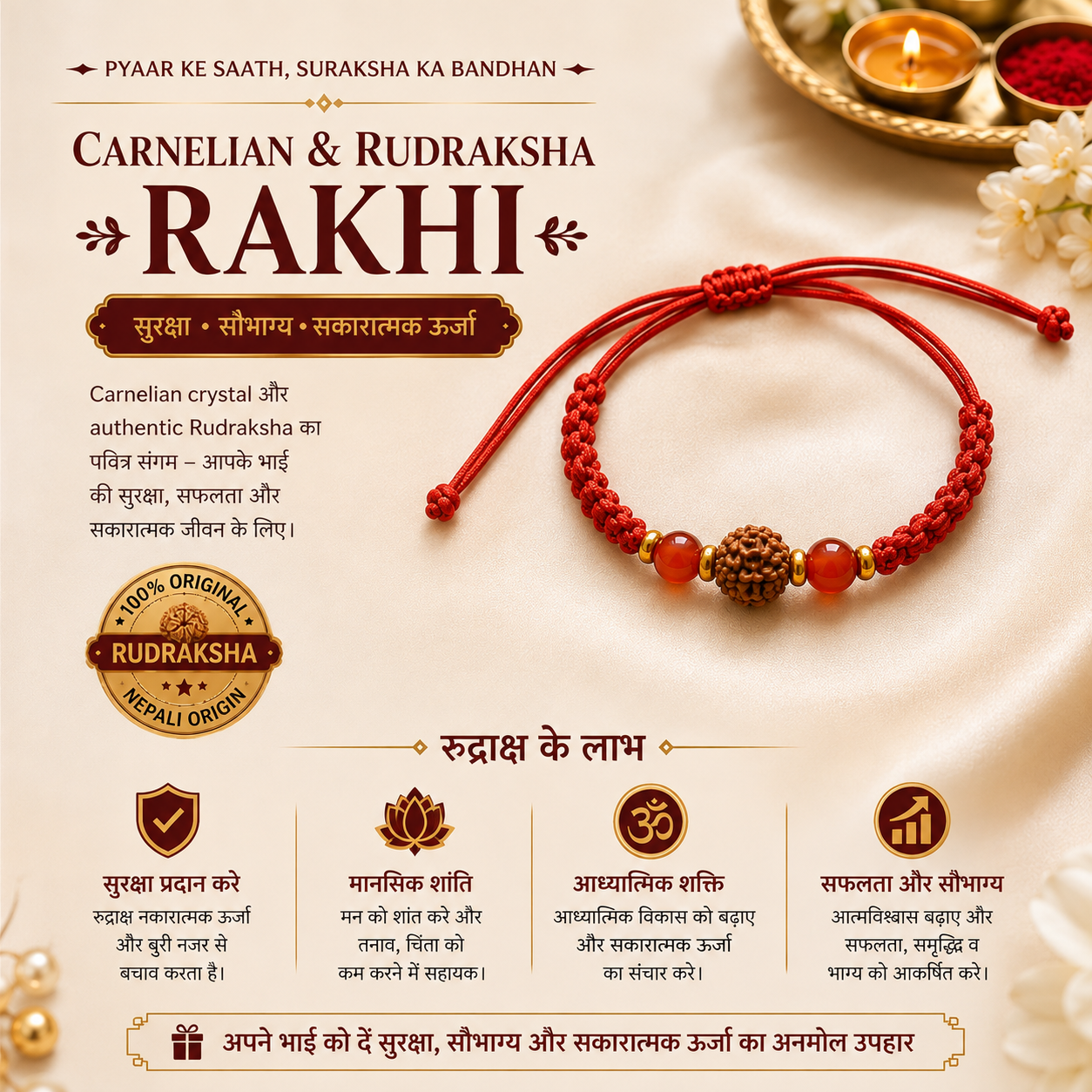 Courage & Protection Rakhi | AAA Carnelian Crystal & Original Nepali Rudraksha Handmade Rakhi | Raksha Bandhan Gift for Brother