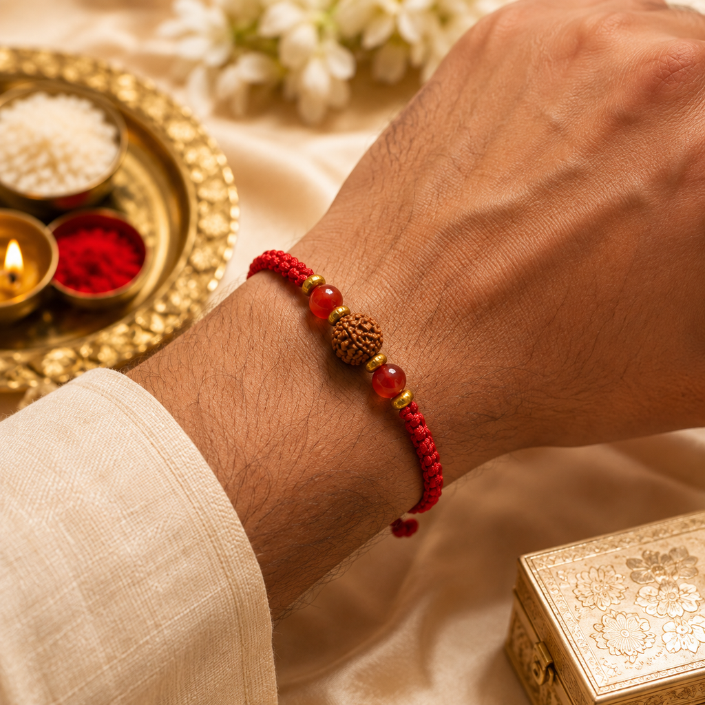 Courage & Protection Rakhi | AAA Carnelian Crystal & Original Nepali Rudraksha Handmade Rakhi | Raksha Bandhan Gift for Brother