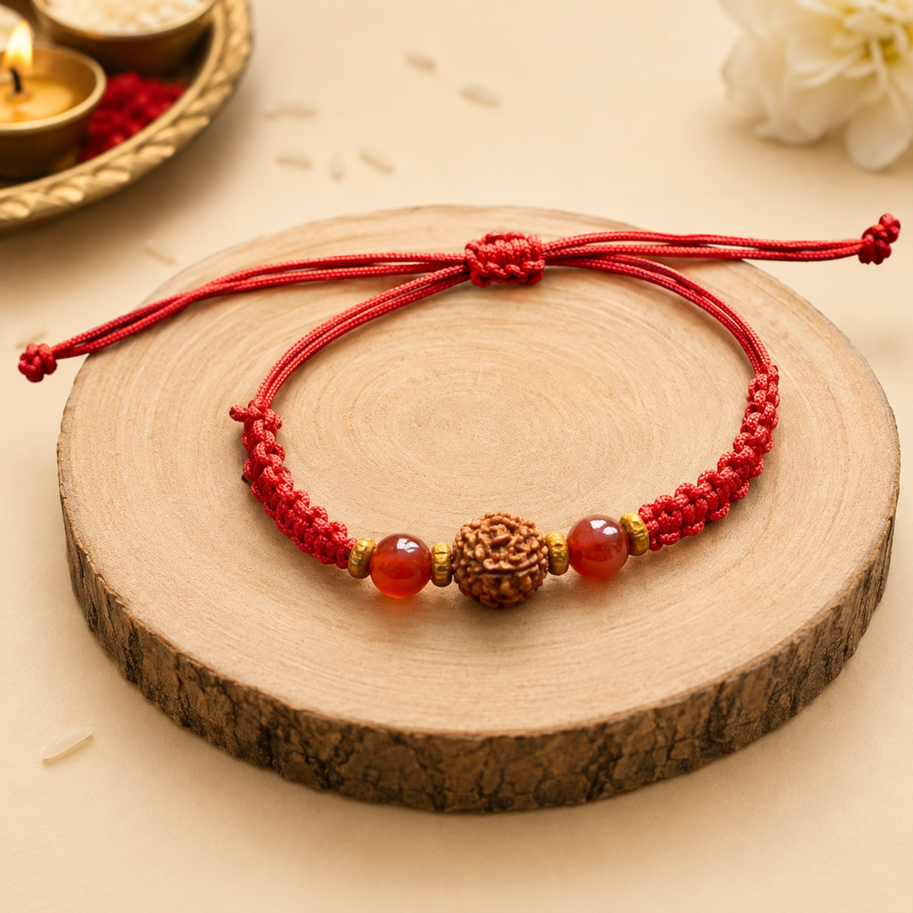 Courage & Protection Rakhi | AAA Carnelian Crystal & Original Nepali Rudraksha Handmade Rakhi | Raksha Bandhan Gift for Brother