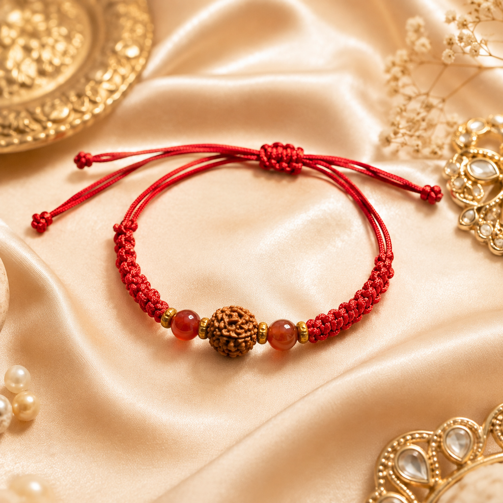 Courage & Protection Rakhi | AAA Carnelian Crystal & Original Nepali Rudraksha Handmade Rakhi | Raksha Bandhan Gift for Brother