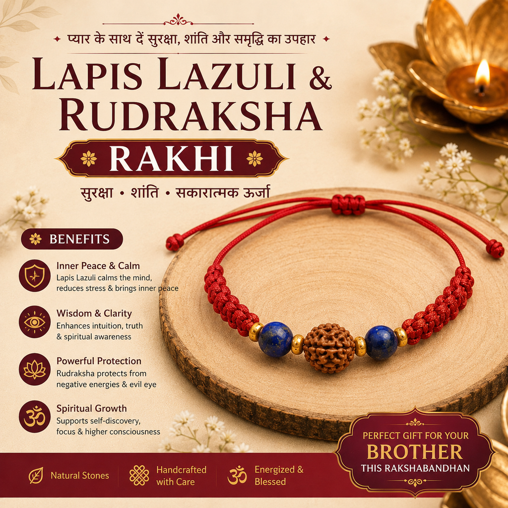 5 Mukhi Rudraksha & Lapis Lazuli Crystal Rakhi | Handmade Raksha Bandhan Rakhi for Brother