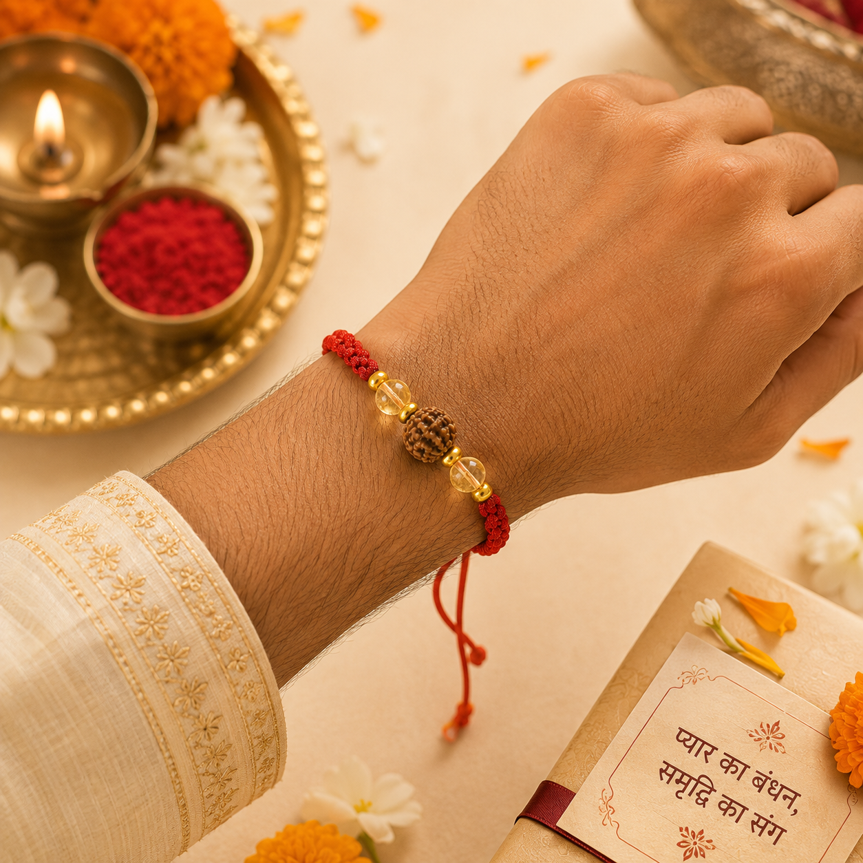 Citrine & 5 Mukhi Rudraksha Rakhi | Handmade Prosperity Rakhi Bracelet with Natural Citrine Crystal | Raksha Bandhan Gift for Brother