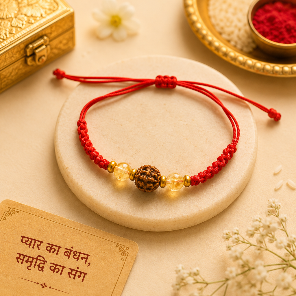 Citrine & 5 Mukhi Rudraksha Rakhi | Handmade Prosperity Rakhi Bracelet with Natural Citrine Crystal | Raksha Bandhan Gift for Brother