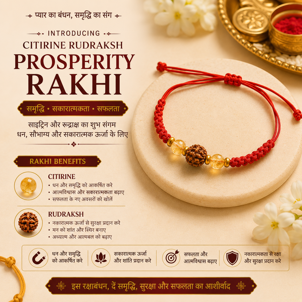 Citrine & 5 Mukhi Rudraksha Rakhi | Handmade Prosperity Rakhi Bracelet with Natural Citrine Crystal | Raksha Bandhan Gift for Brother