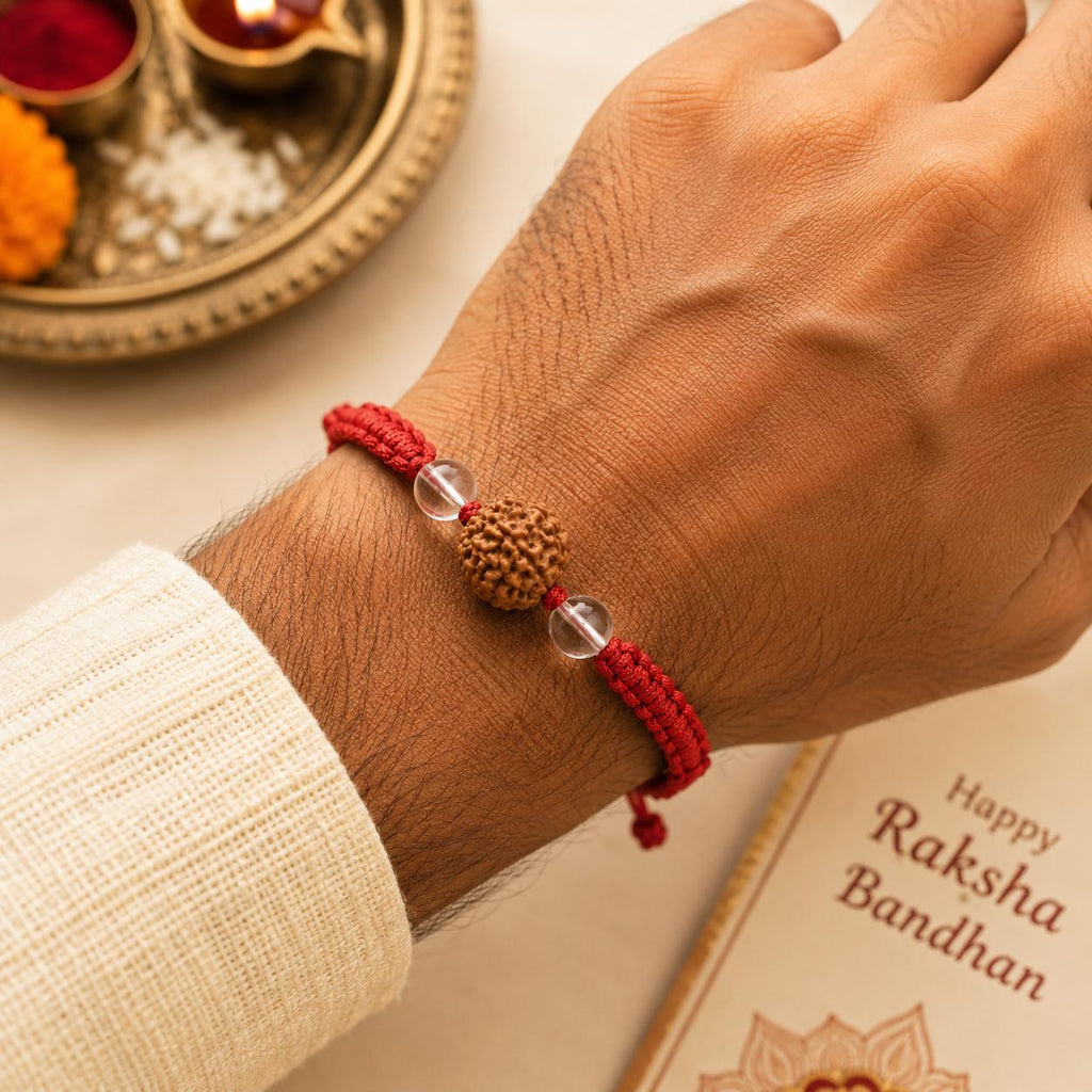 5 Mukhi Rudraksha Clear Quartz Rakhi | Handmade Spiritual Rakhi for Brother