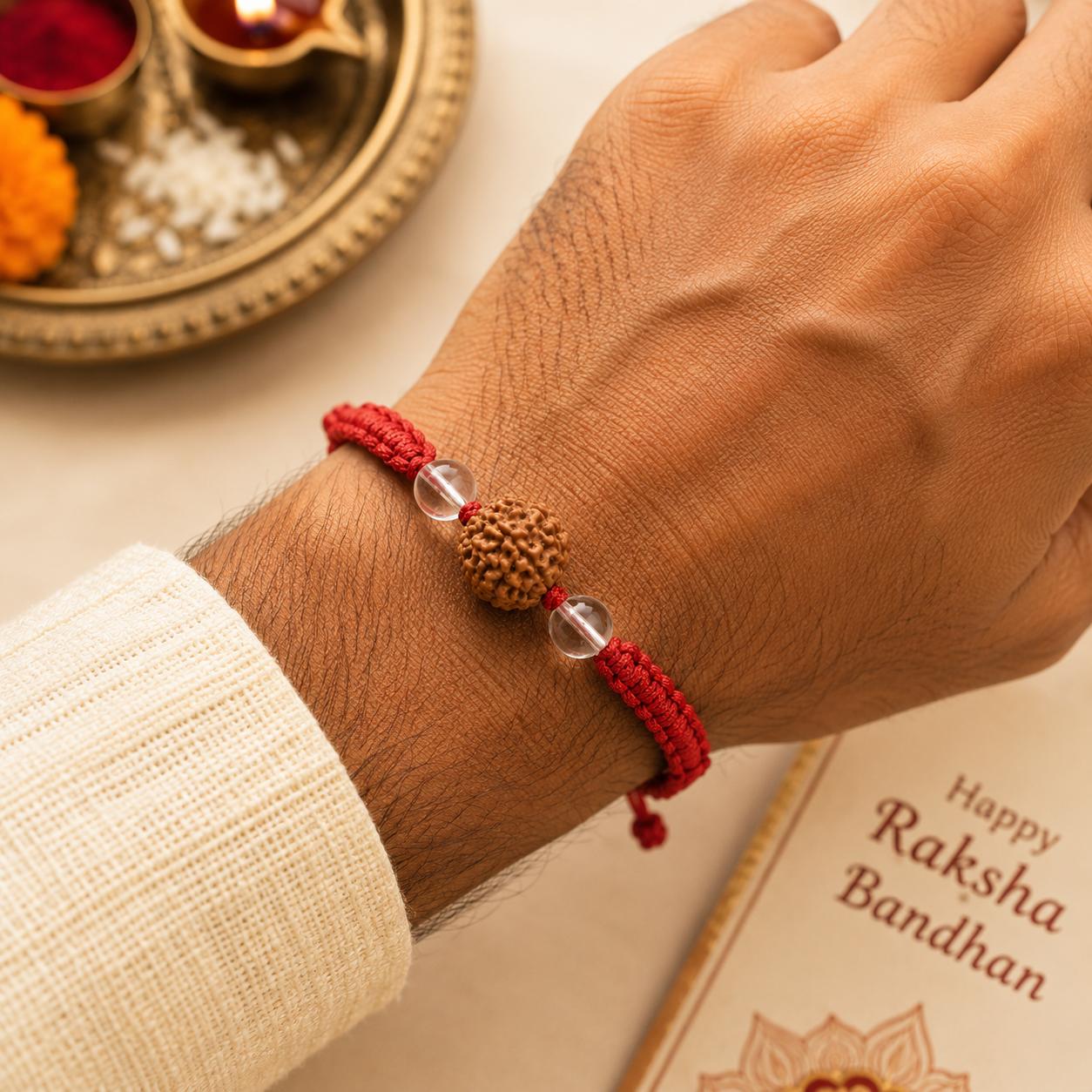 5 Mukhi Rudraksha Clear Quartz Rakhi | Handmade Spiritual Rakhi for Brother