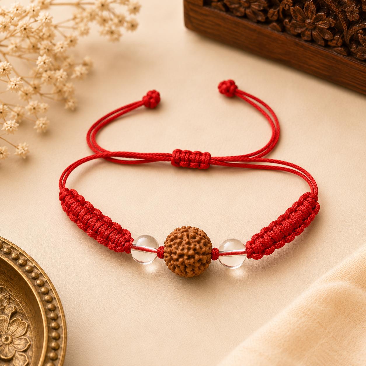 5 Mukhi Rudraksha Clear Quartz Rakhi | Handmade Spiritual Rakhi for Brother