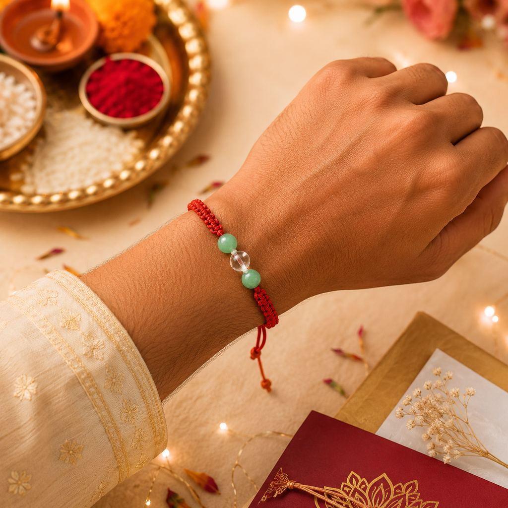 Prosperity & Clarity Crystal Rakhi | Green Aventurine & Clear Quartz Rakhi | Handmade Crystal Rakhi for Prosperity, Balance & Positive Energy | Raksha Bandhan Gift