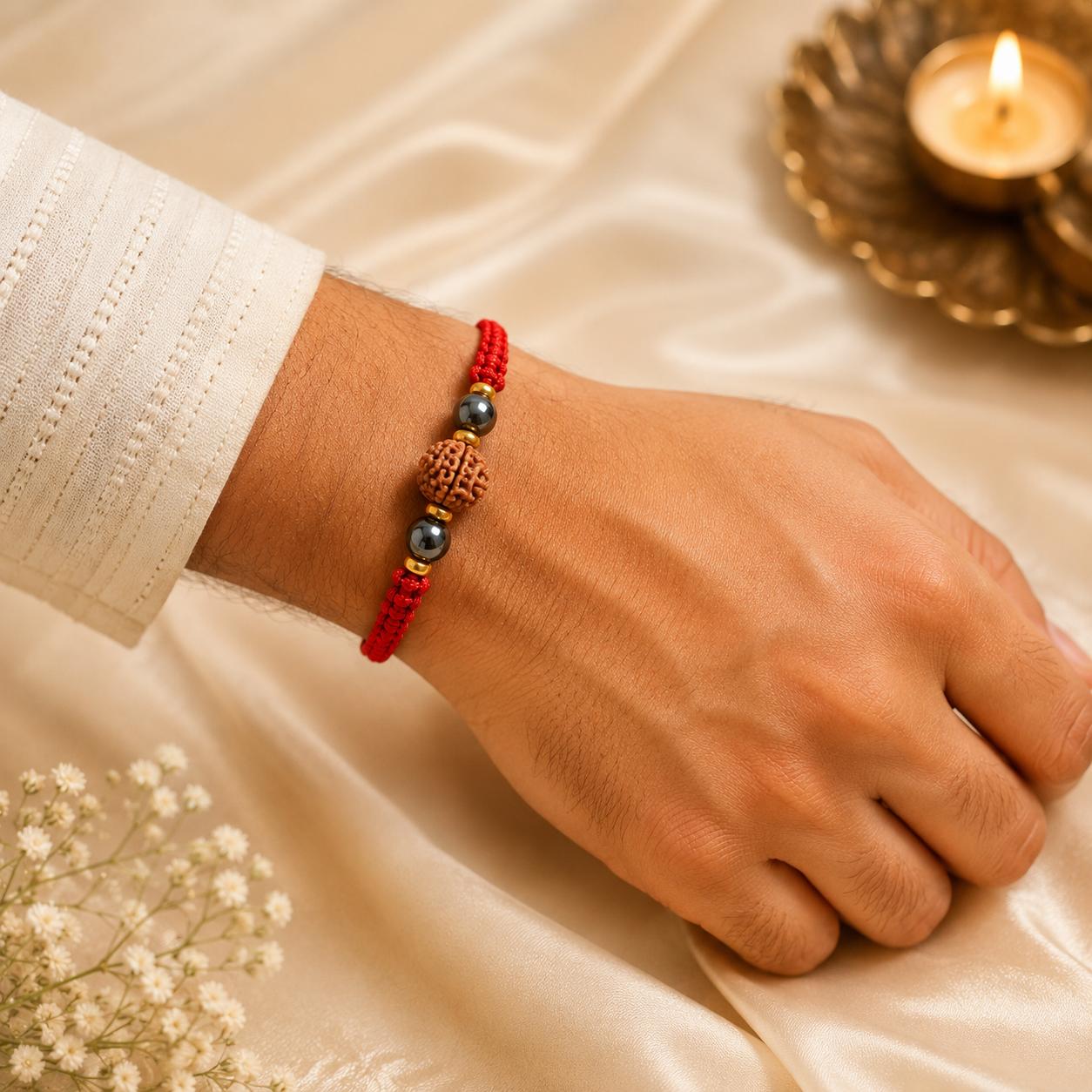 Aura Kavach Rakhi | AAA Hematite & Original Nepali Rudraksha Handmade Rakhi | Protection, Grounding & Positive Energy