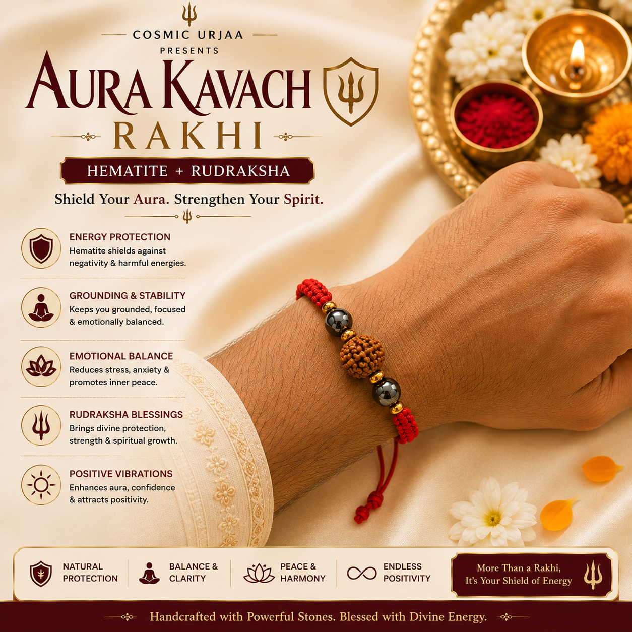 Aura Kavach Rakhi | AAA Hematite & Original Nepali Rudraksha Handmade Rakhi | Protection, Grounding & Positive Energy