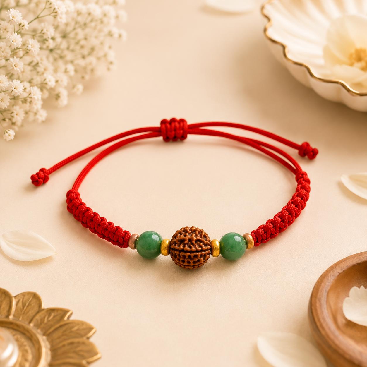 Harmony Rakhi | AAA Jade & Original Nepali Rudraksha Handmade Rakhi | Peace, Prosperity & Positive Energy