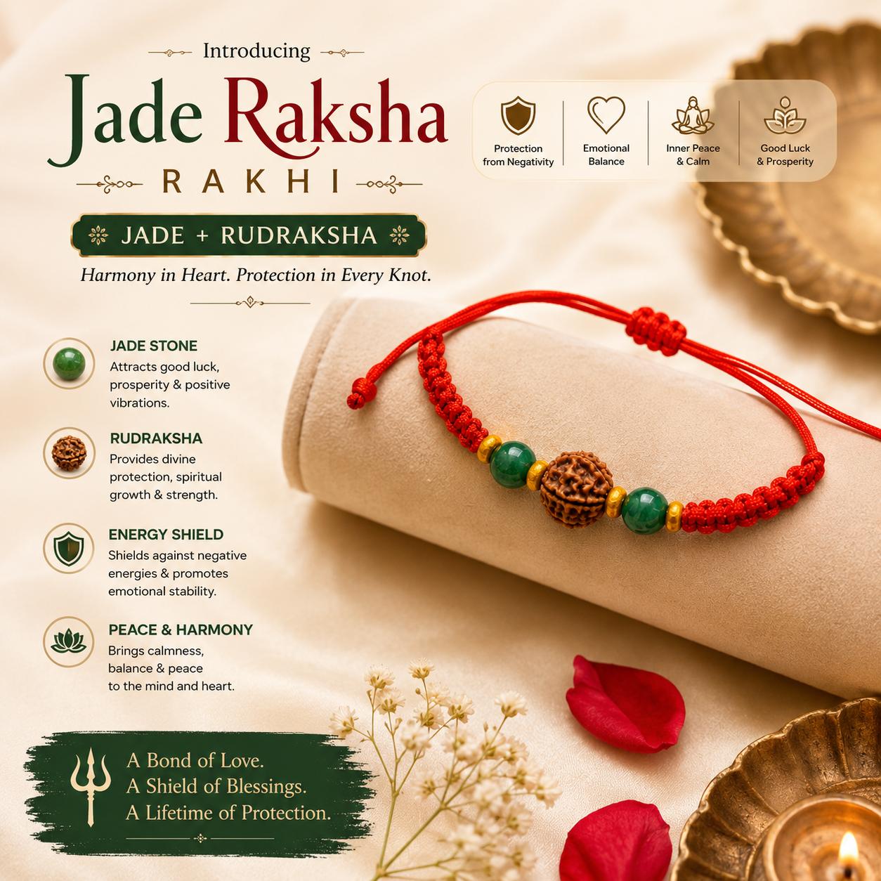 Harmony Rakhi | AAA Jade & Original Nepali Rudraksha Handmade Rakhi | Peace, Prosperity & Positive Energy