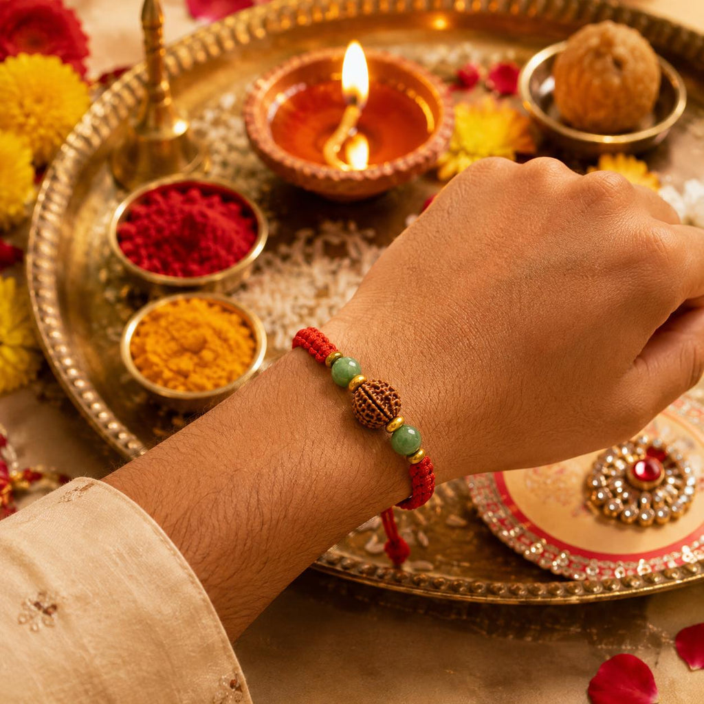 Harmony Rakhi | AAA Jade & Original Nepali Rudraksha Handmade Rakhi | Peace, Prosperity & Positive Energy