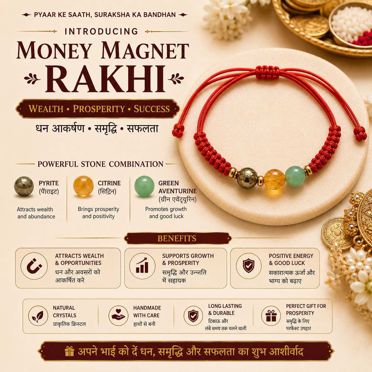 Money Magnet Crystal Rakhi | AAA Green Aventurine, Pyrite & Citrine Handmade Rakhi | Prosperity & Success Raksha Bandhan Gift