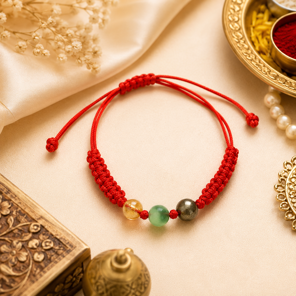 Money Magnet Crystal Rakhi | AAA Green Aventurine, Pyrite & Citrine Handmade Rakhi | Prosperity & Success Raksha Bandhan Gift