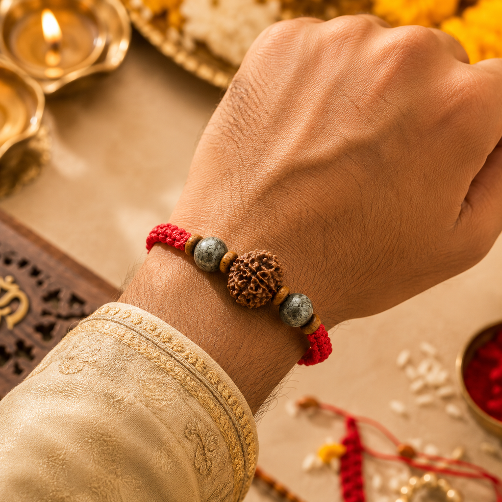 Money Magnet Rakhi | 5 Mukhi Rudraksha Pyrite Prosperity Rakhi | Handcrafted Divine Protection Rakhi