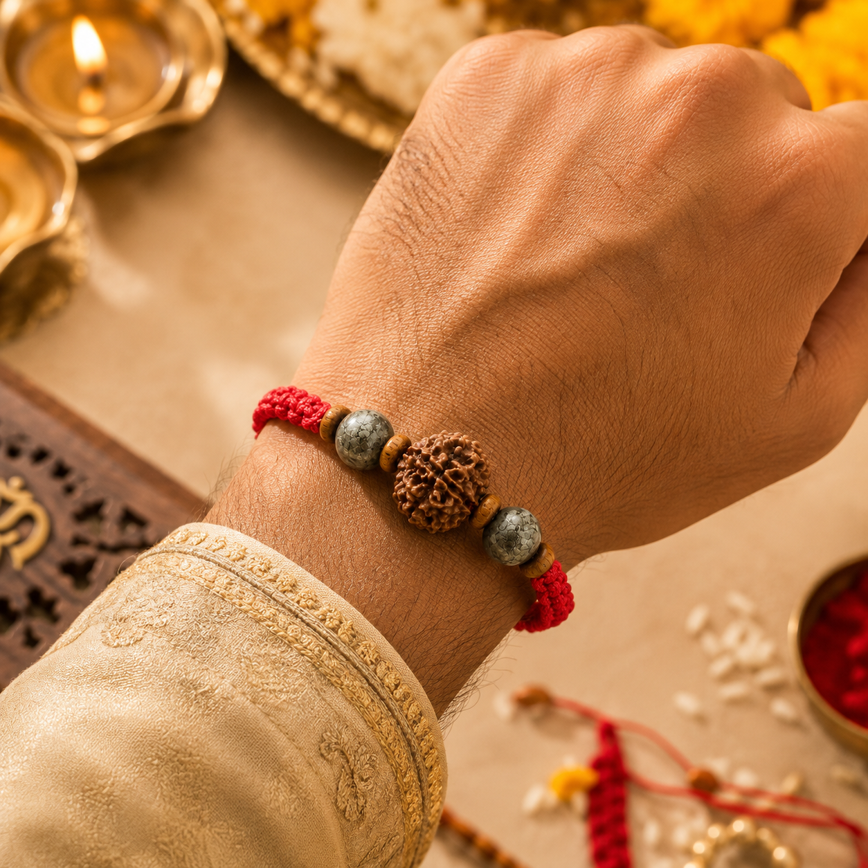 Money Magnet Rakhi | 5 Mukhi Rudraksha Pyrite Prosperity Rakhi | Handcrafted Divine Protection Rakhi