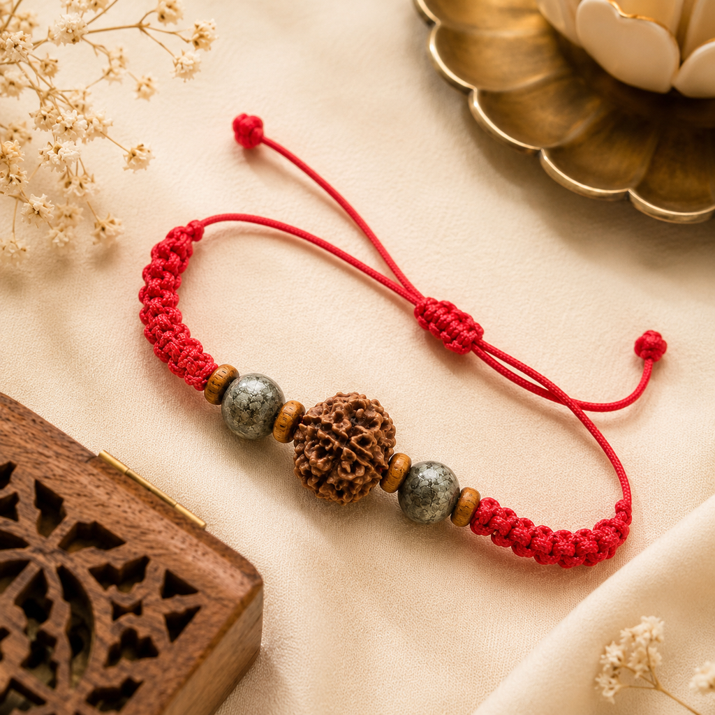 Money Magnet Rakhi | 5 Mukhi Rudraksha Pyrite Prosperity Rakhi | Handcrafted Divine Protection Rakhi