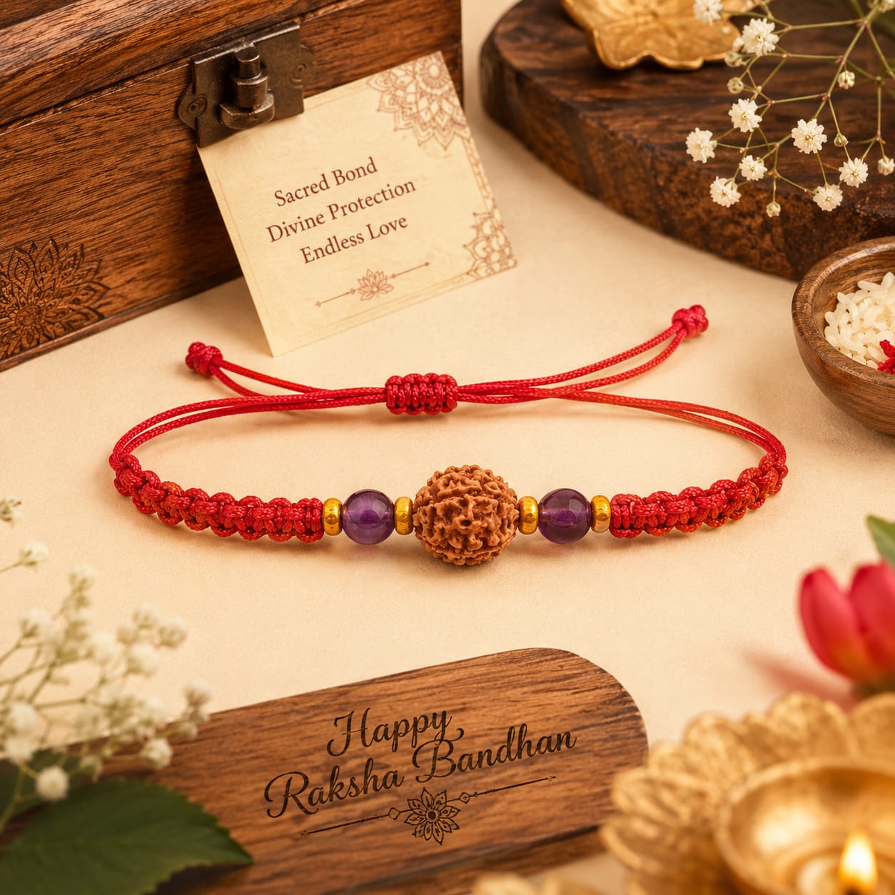 Natural Amethyst & 5 Mukhi Rudraksha Rakhi  Premium Handmade Rakhi