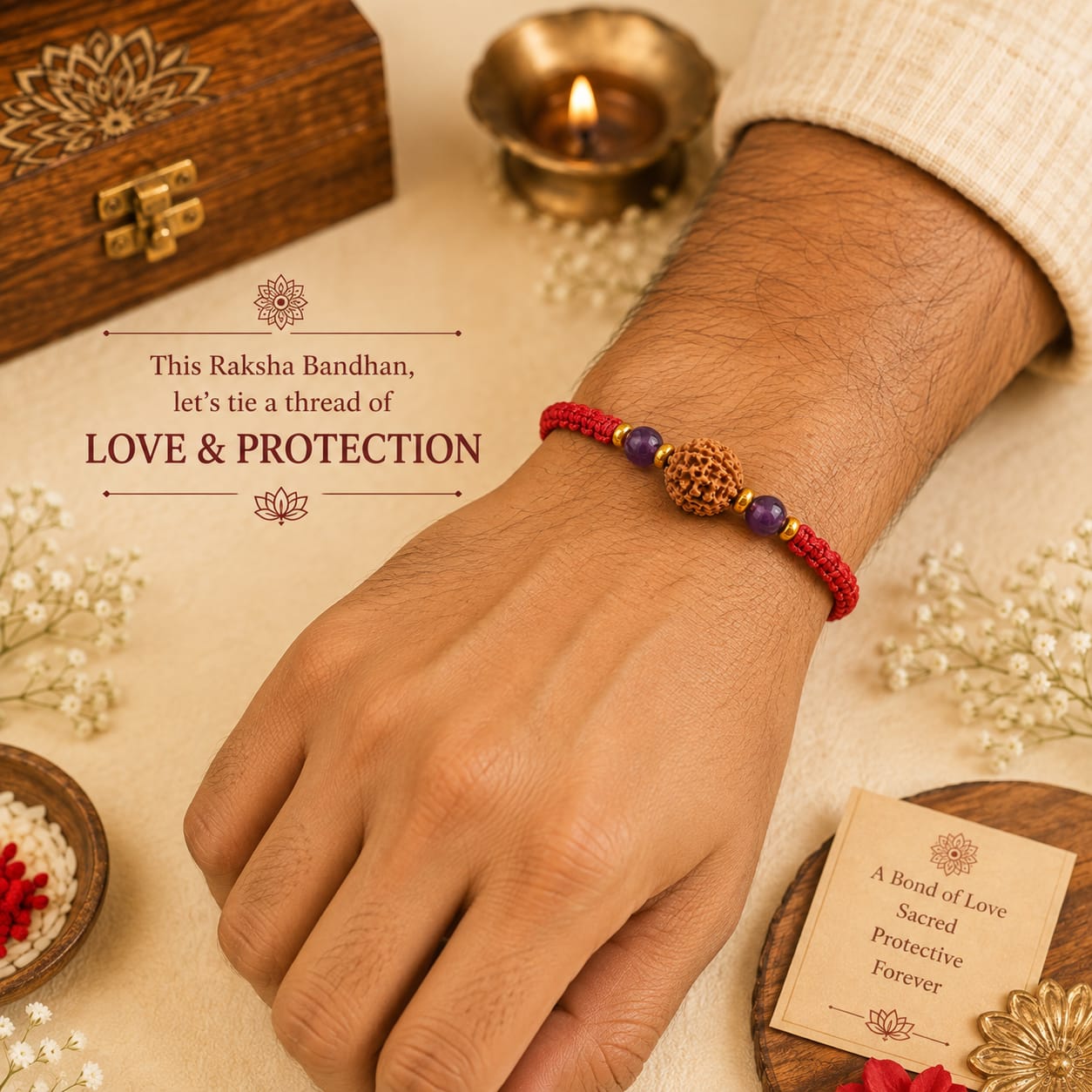 Natural Amethyst & 5 Mukhi Rudraksha Rakhi  Premium Handmade Rakhi