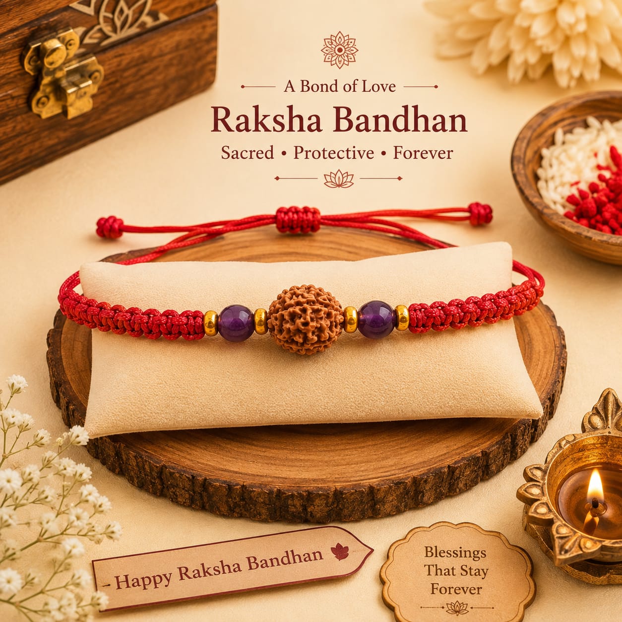 Natural Amethyst & 5 Mukhi Rudraksha Rakhi  Premium Handmade Rakhi