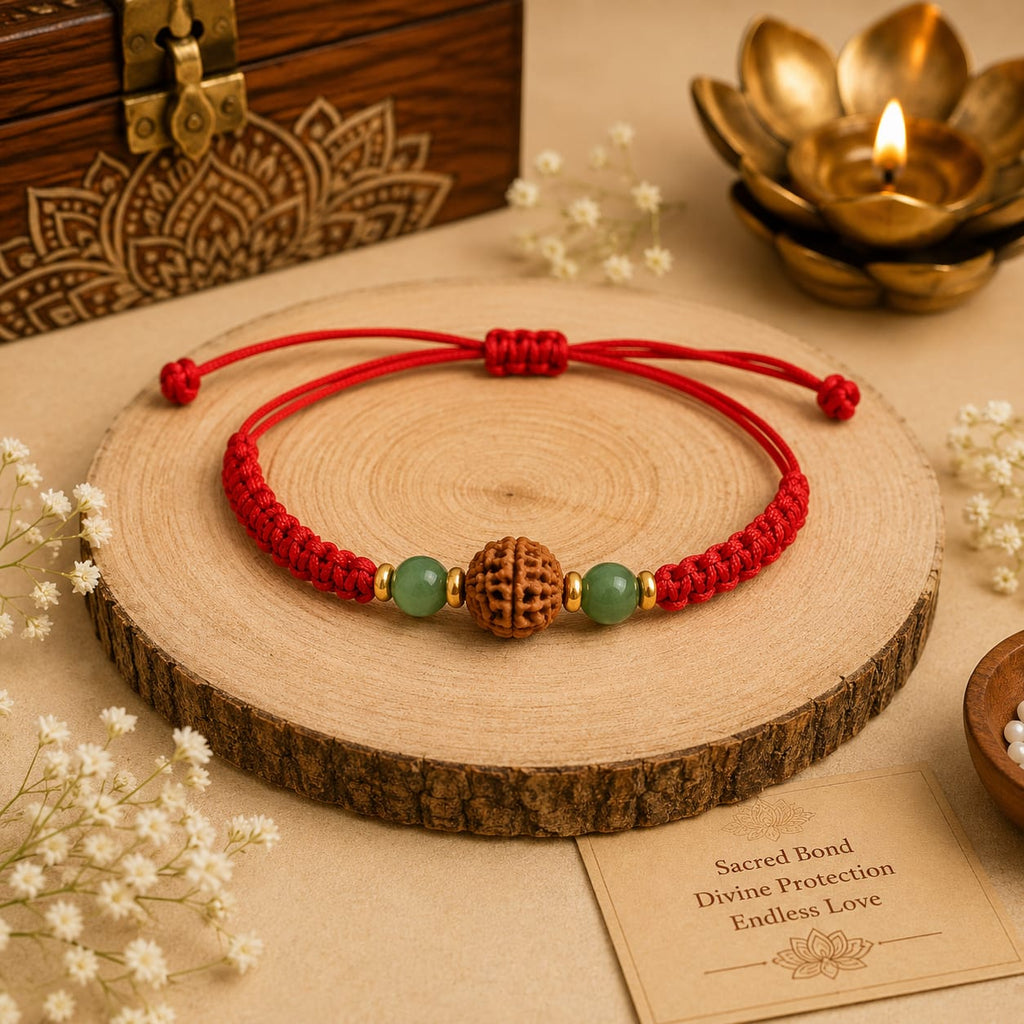 Natural Green Aventurine & 5 Mukhi Rudraksha Rakhi  Premium Handmade Rakhi