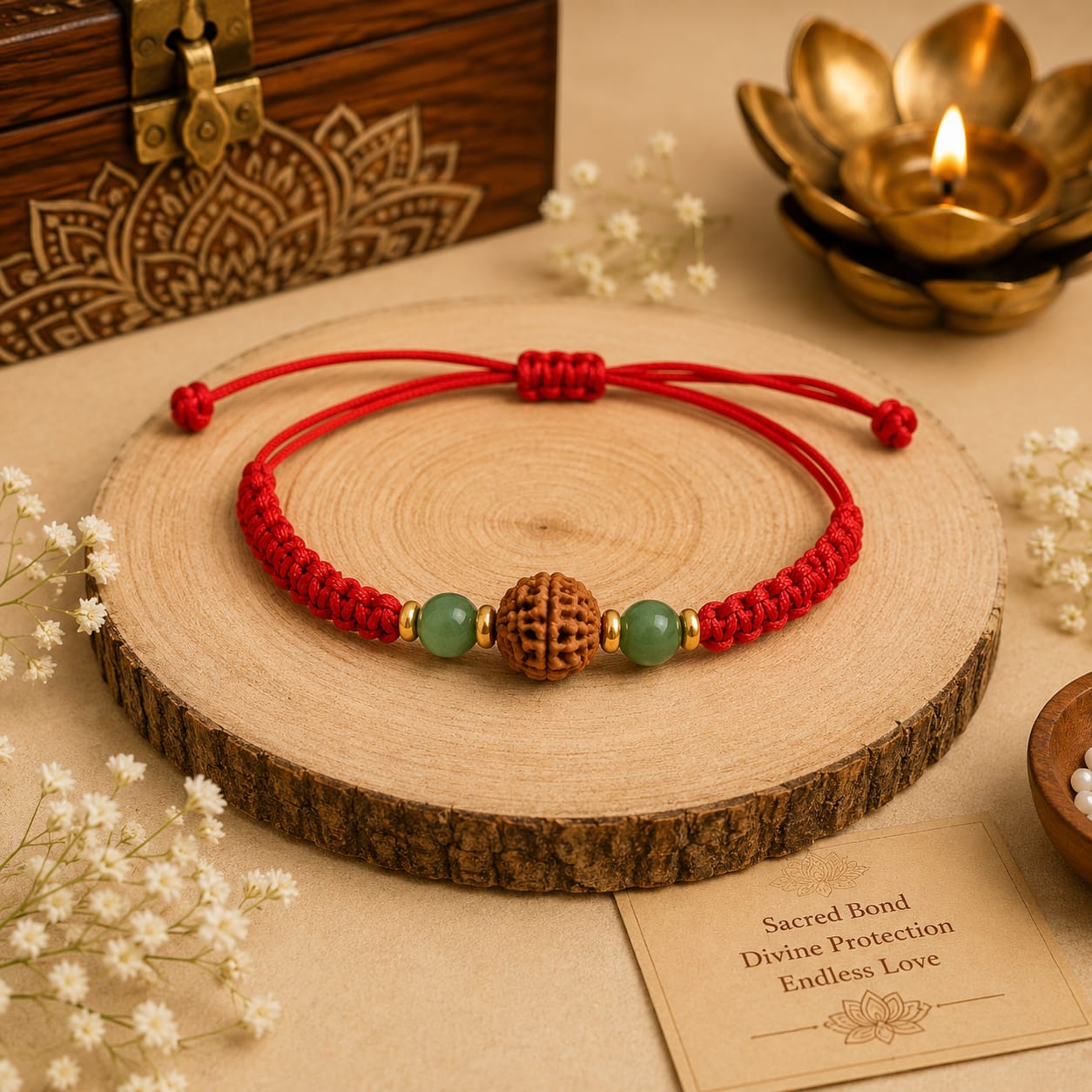 Natural Green Aventurine & 5 Mukhi Rudraksha Rakhi  Premium Handmade Rakhi