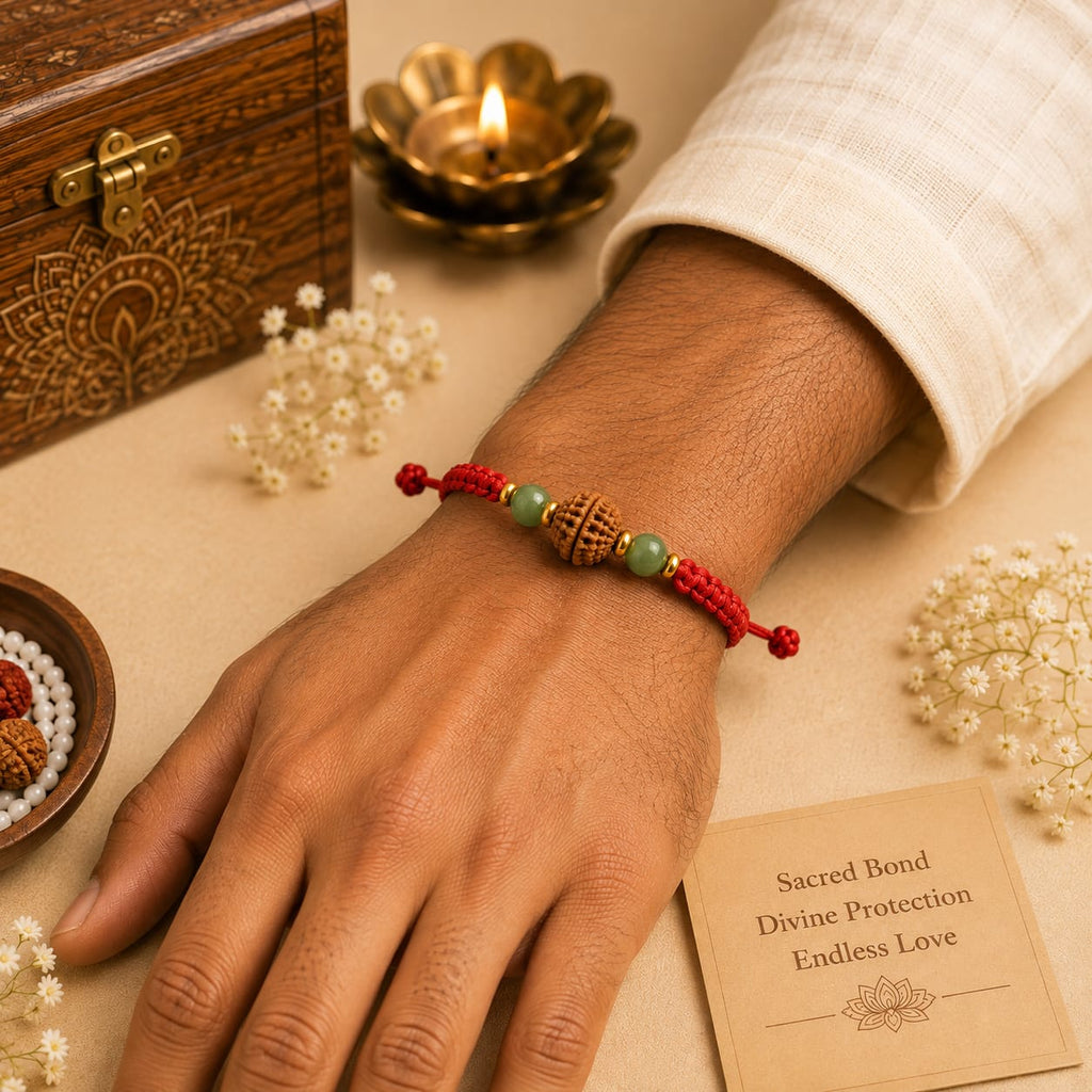 Natural Green Aventurine & 5 Mukhi Rudraksha Rakhi  Premium Handmade Rakhi