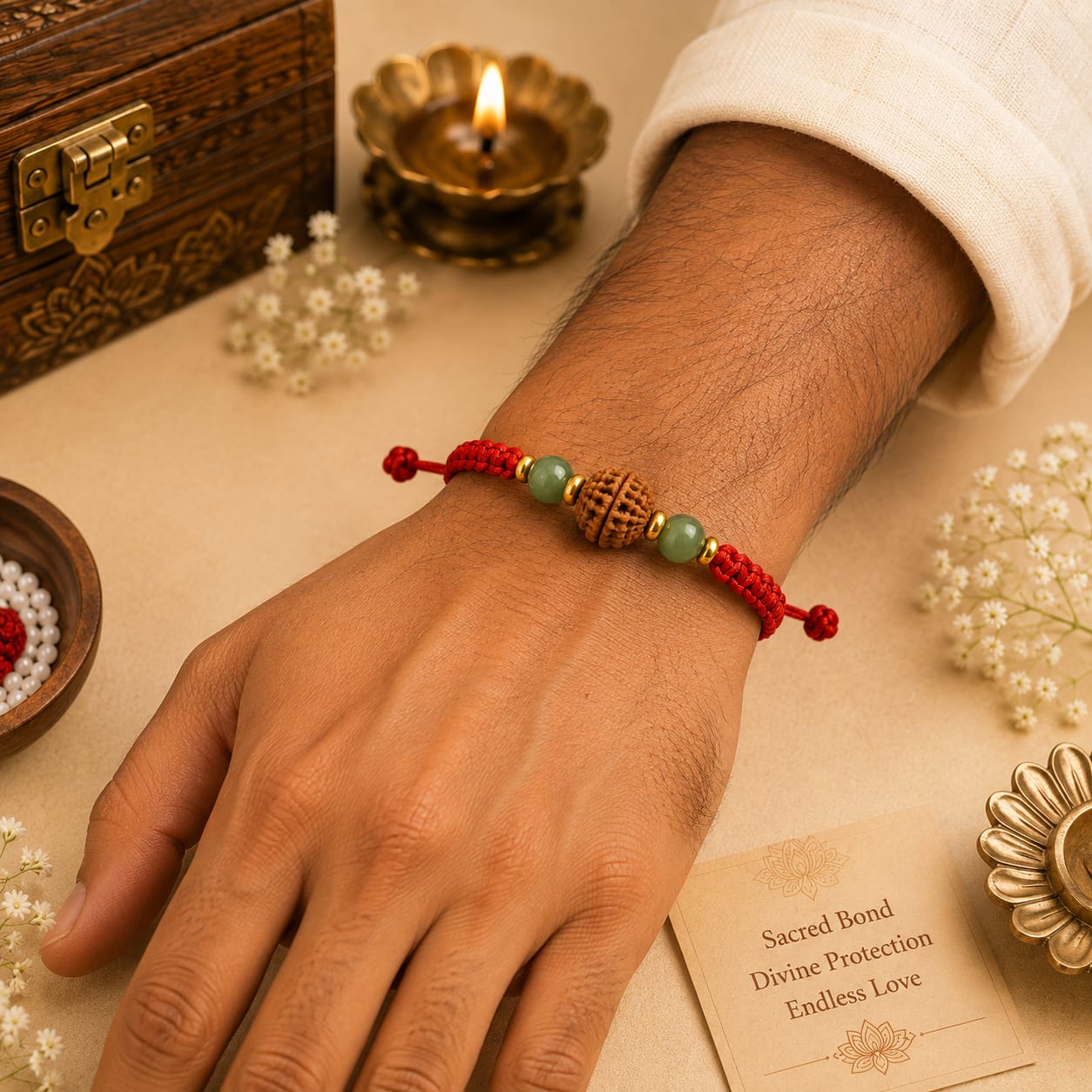 Natural Green Aventurine & 5 Mukhi Rudraksha Rakhi  Premium Handmade Rakhi