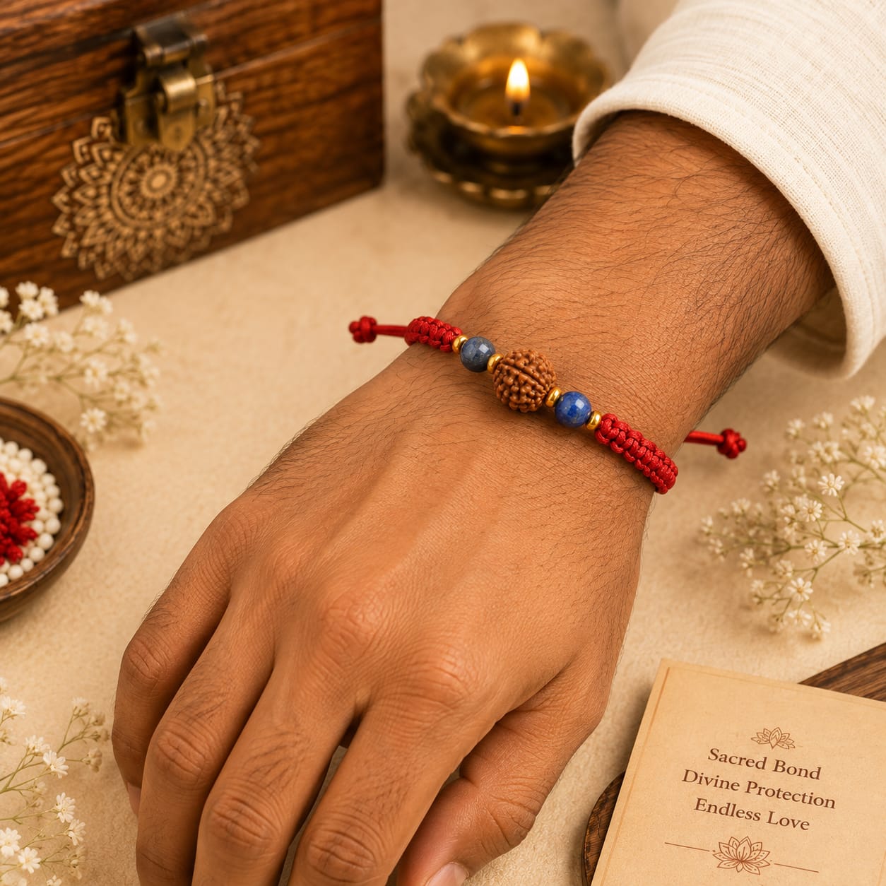 5 Mukhi Rudraksha & Lapis Lazuli Crystal Rakhi | Handmade Raksha Bandhan Rakhi for Brother