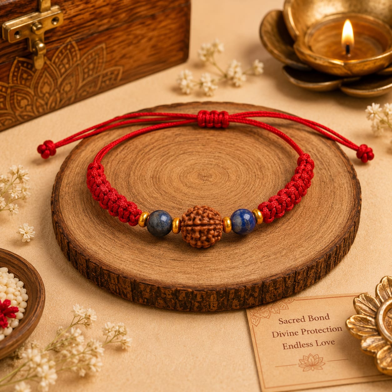 5 Mukhi Rudraksha & Lapis Lazuli Crystal Rakhi | Handmade Raksha Bandhan Rakhi for Brother