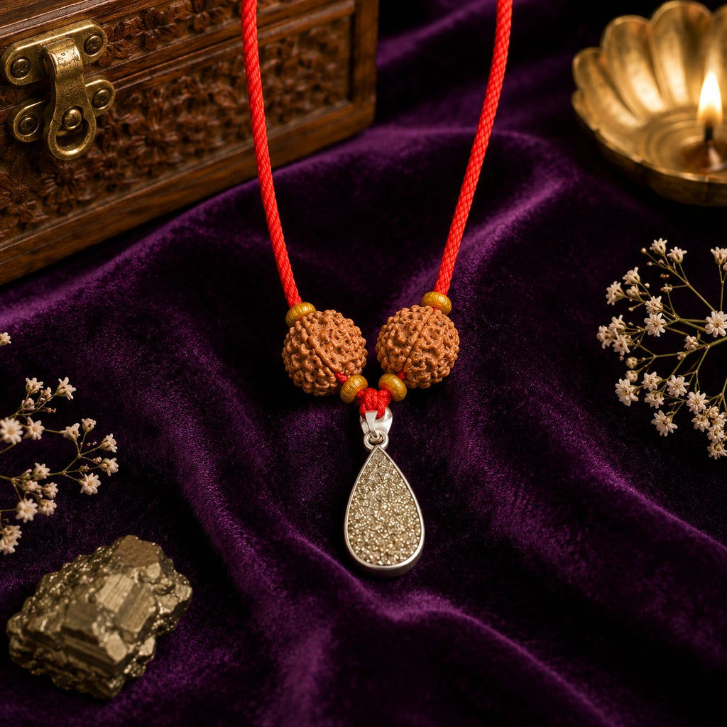 Raw Pyrite Pendant with Double 5 Mukhi Rudraksha Beads  Unisex Spiritual Jewelry