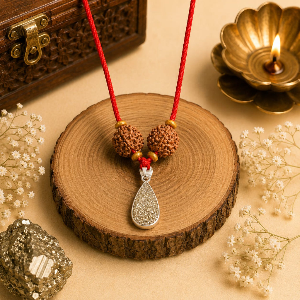 Raw Pyrite Pendant with Double 5 Mukhi Rudraksha Beads  Unisex Spiritual Jewelry