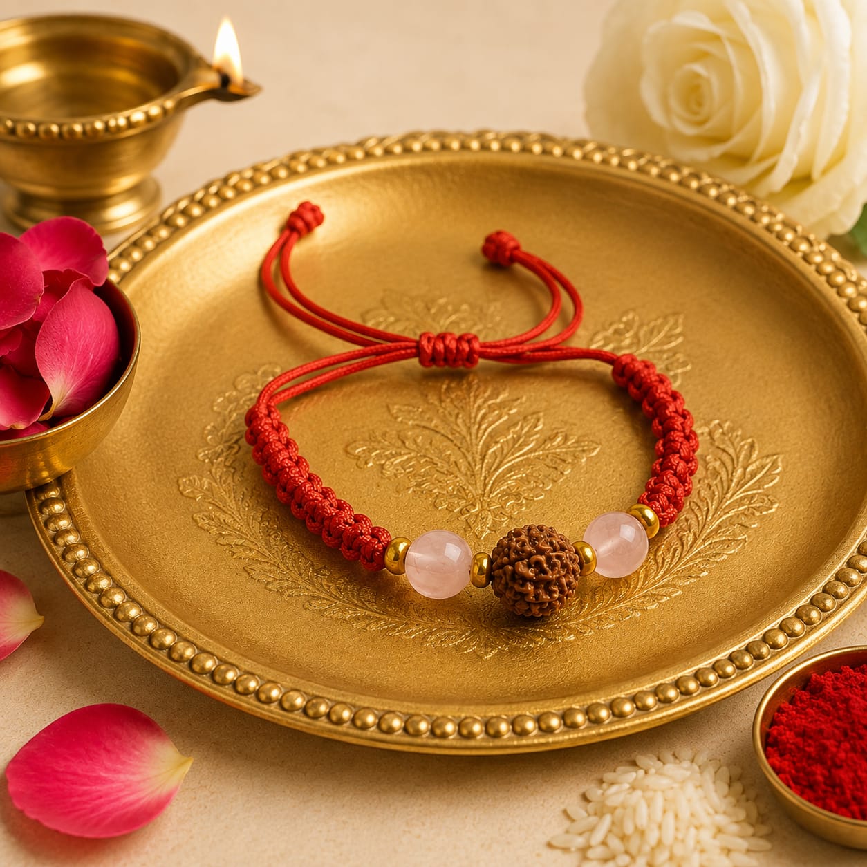 Prem Shanti Rakhi | AAA Rose Quartz & Original Nepali Rudraksha Handmade Rakhi | Love, Peace & Positive Energy