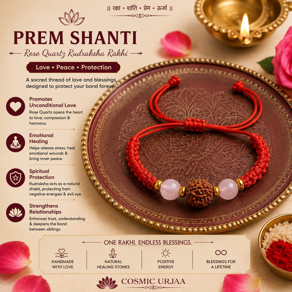 Prem Shanti Rakhi | AAA Rose Quartz & Original Nepali Rudraksha Handmade Rakhi | Love, Peace & Positive Energy