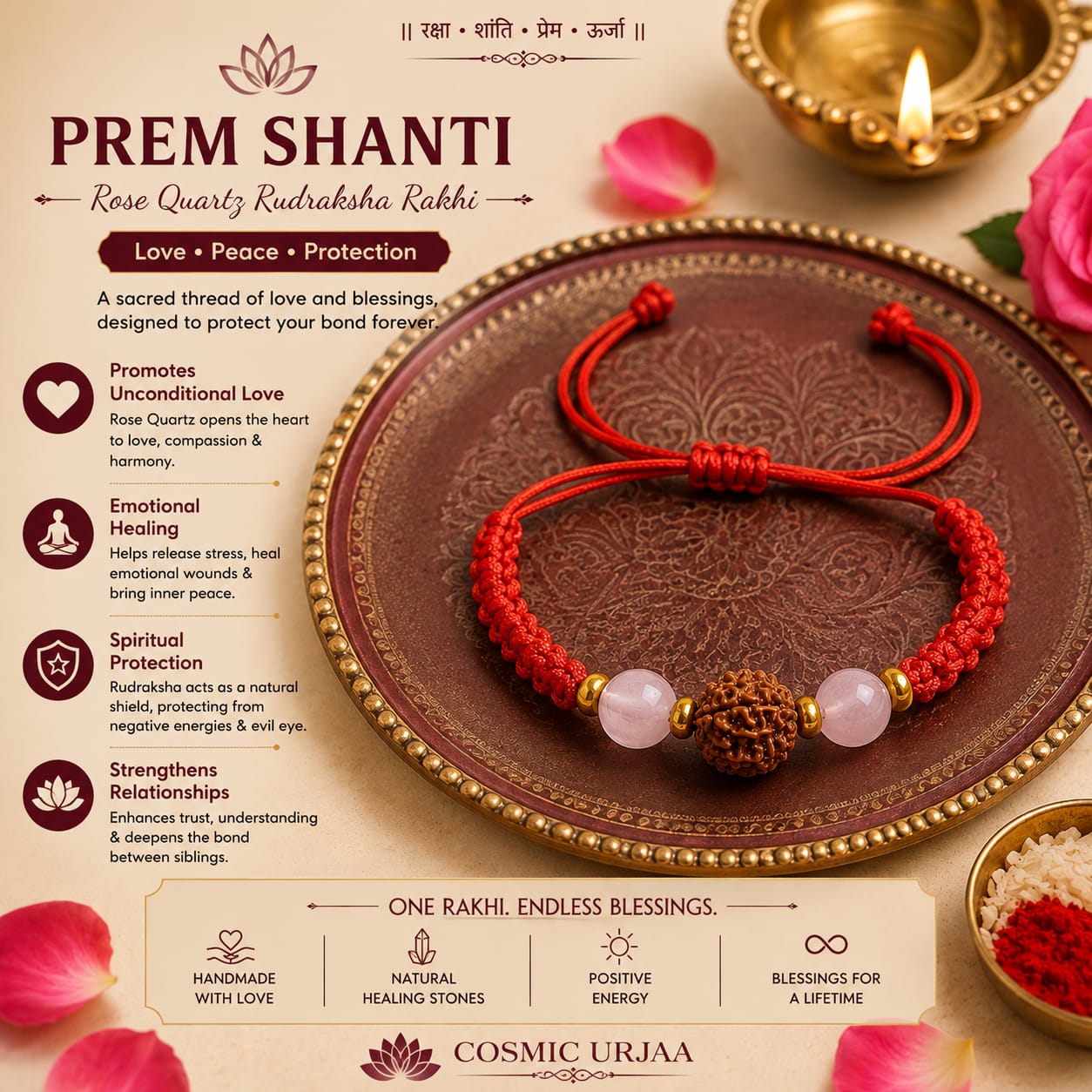 Prem Shanti Rakhi | AAA Rose Quartz & Original Nepali Rudraksha Handmade Rakhi | Love, Peace & Positive Energy