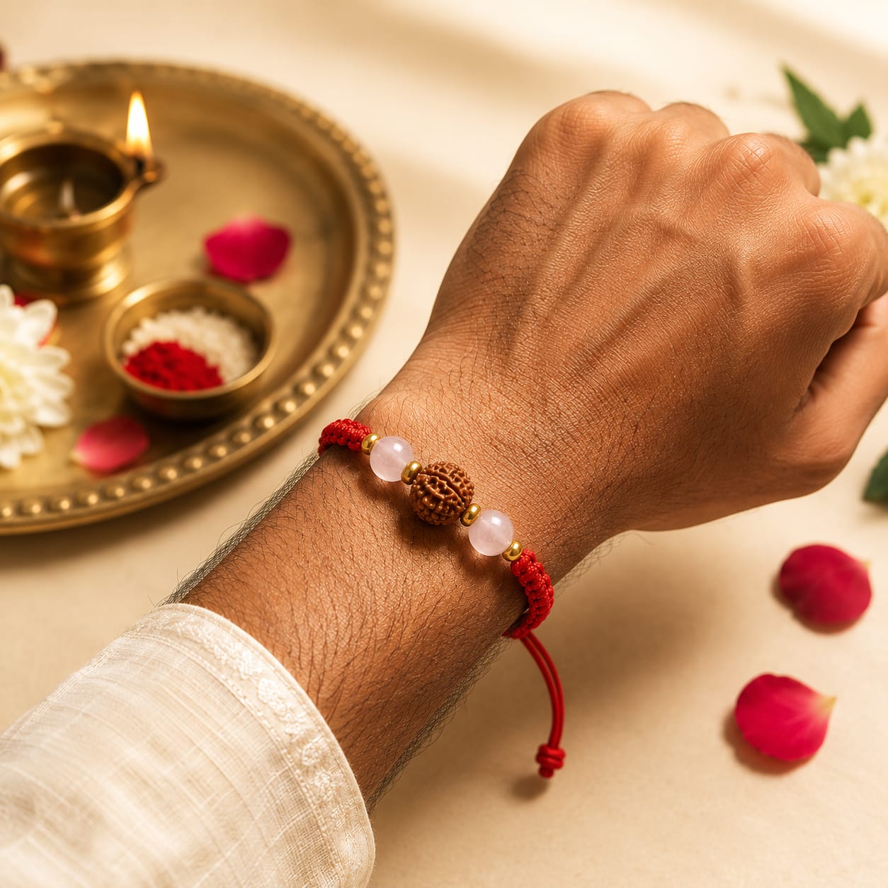 Prem Shanti Rakhi | AAA Rose Quartz & Original Nepali Rudraksha Handmade Rakhi | Love, Peace & Positive Energy