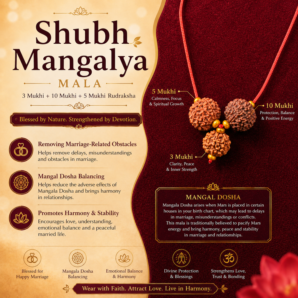 Close-up of authentic 3 Mukhi, 5 Mukhi and 10 Mukhi Rudraksha combination with wooden spacers
