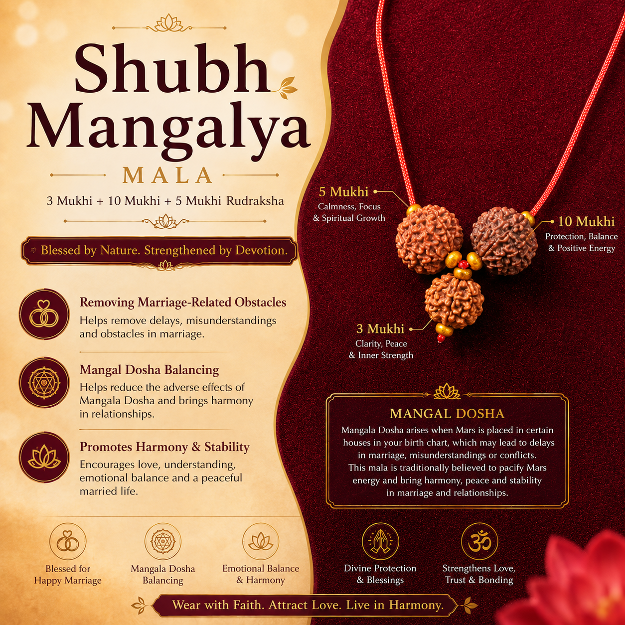 Close-up of authentic 3 Mukhi, 5 Mukhi and 10 Mukhi Rudraksha combination with wooden spacers