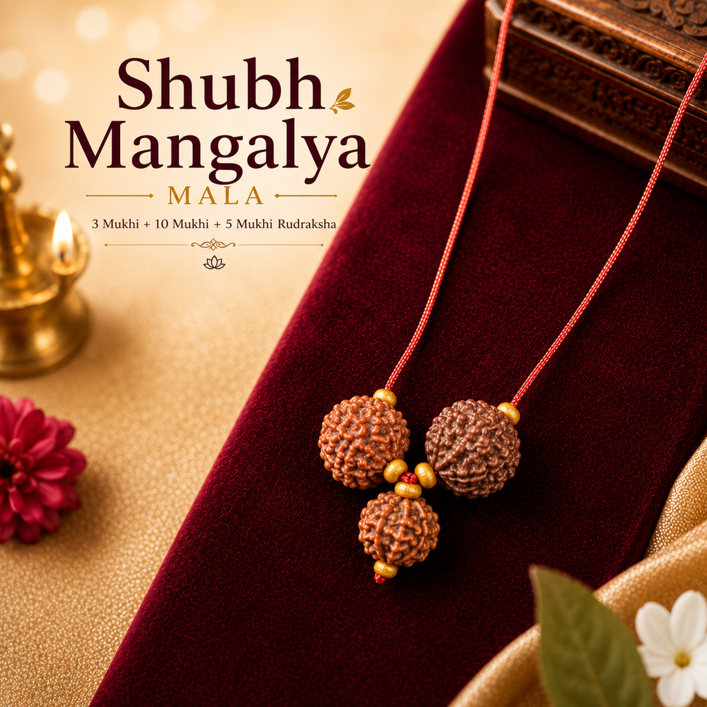 Shubh Mangalya Rudraksha Mala featuring 3 Mukhi, 5 Mukhi and 10 Mukhi Rudraksha beads